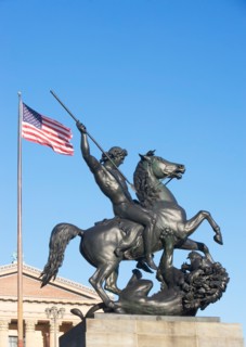 USA, Pennsylvania, Philadelphia, low angle view at statue in front of Philadelphia Museum Of Art.
