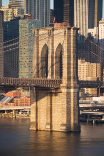 USA, New York state, New York city, part of Brooklyn Bridge with skyscrapers. Photo : fotog