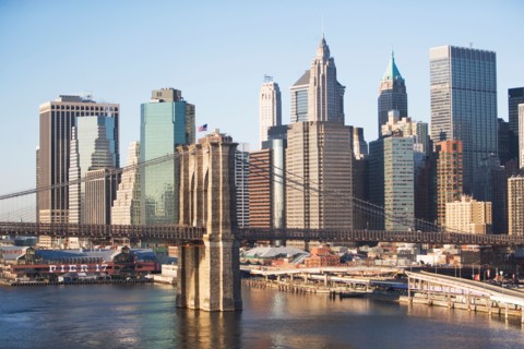 USA, New York State, New York City, Brooklyn Bridge with skyscrapers. Photo : fotog