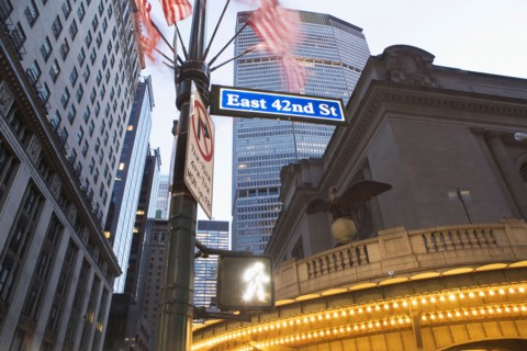 USA, New York State, New York City, low angle view of 42nd Street name sign with Met Life Building