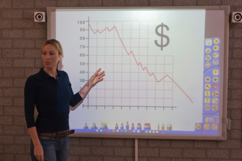 Teacher giving instructions at digital board. Photo : Mark de Leeuw