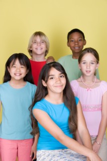 Studio shot portrait of five teenagers, three quarter length. Photo : Rob Lewine