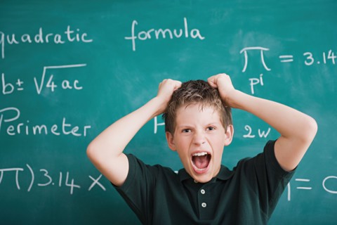 Frustrated schoolboy in front of blackboard. Photo : Rob Lewine