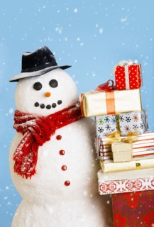 Studio shot of snowman with Christmas presents.