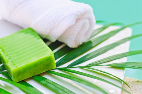 Soap, towel and palm leaf.