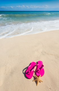 Mexico, Yucatan. Sandals with starfish on beach.