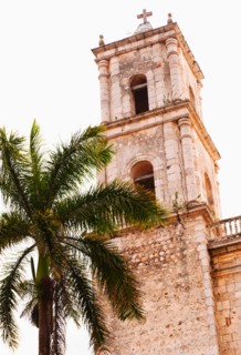 Mexico, Yucatan, Valladolid. Valladolid, Bell tower and palm tree.