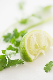Close up of green leaf and lime slice, studio shot. Photo : Jamie Grill