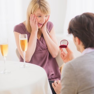 Couple celebrating engagement in restaurant. Photo : Daniel Grill