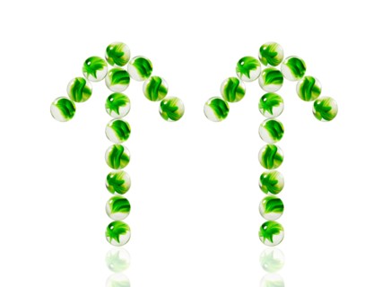Studio shot of green marbles arranged in Exclamation Point. Photo : David Arky