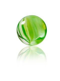 Studio shot of green marbles arranged in Exclamation Point. Photo : David Arky