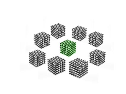 Studio shot of Pachinko balls arranged in group of cubes. Photo : David Arky