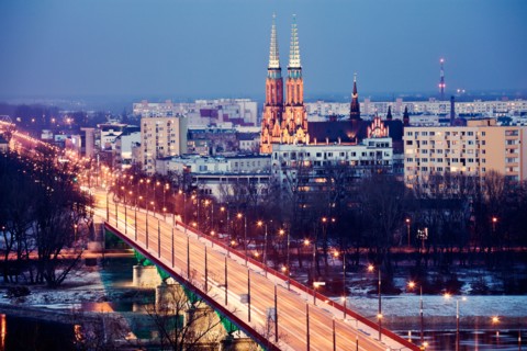 Poland, Warsaw. View over Vistula River towards Praga, Slasko-Dabrowski Bridge on foreground. Photo