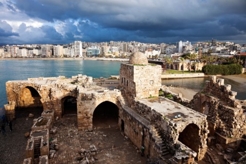 Lebanon, Sidon. Sidon Sea Castle with city panorama. Photo : Henryk Sadura