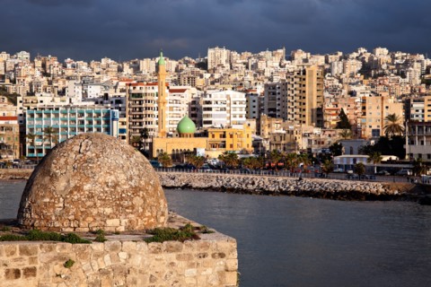 Lebanon, Sidon. Sidon Sea Castle with city panorama. Photo : Henryk Sadura
