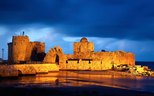 Lebanon, Sidon. Sidon Sea Castle at dusk. Photo : Henryk Sadura