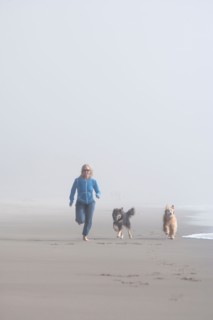 USA, California, Stinson beach. Woman running on sandy beach in fog with her dogs beside her. Photo