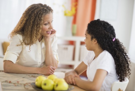 Mother talking with daughters (10-11).
