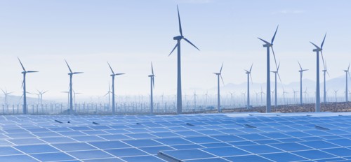 USA, California, Palm Springs, Wind farm and solar panels.