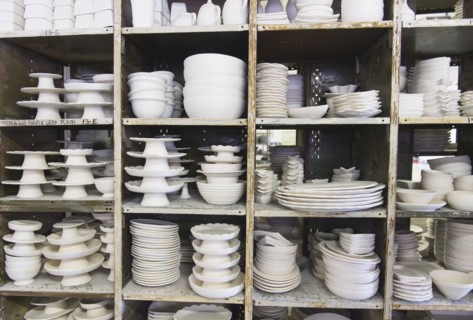 USA, New Jersey, Jersey City, Pottery on shelves.