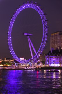 UK, England, London, London eye illuminated at night.