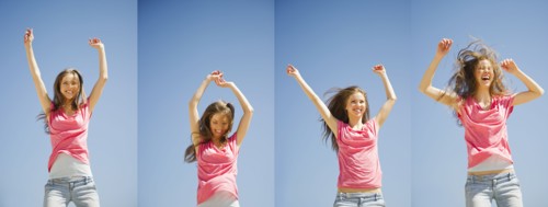 Woman jumping outdoors, montage. 
Photo : Jamie Grill