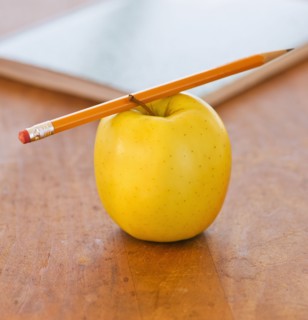 Close up of pencil on apple, studio shot. 
Photo : Daniel Grill