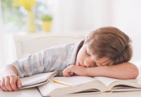 Boy (10-11 years) sleeping on books while doing homework. 
Photo : Daniel Grill