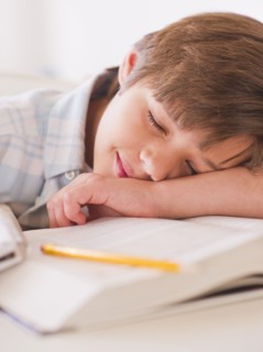 Boy (10-11 years) sleeping on books while doing homework. 
Photo : Daniel Grill