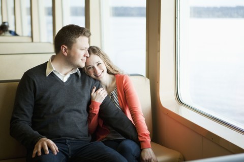 Happy couple on ferry. 
Photo : Jessica Peterson