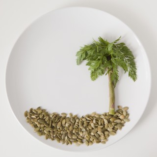 Palm tree on plate made out of food, studio shot. 
Photo : Jessica Peterson