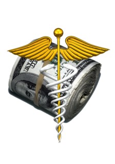 Caduceus and wad of us dollar bills. 
Photo : Calysta Images