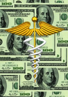 Caduceus and us dollar bills. 
Photo : Calysta Images