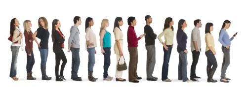 Studio shot of people waiting in line.