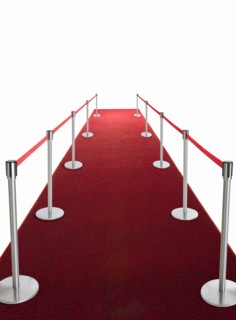 Studio shot of red carpet with stanchions and velvet rope.