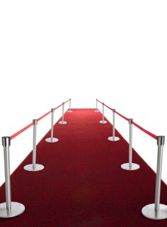 Studio shot of red carpet with stanchions and velvet rope.