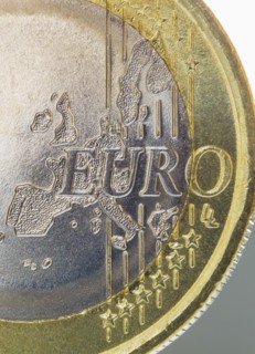 Close-up view of Euro coin.