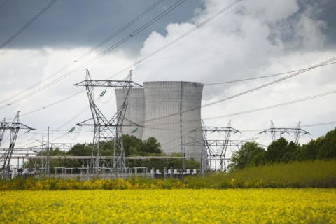 France, Rocroi, Rural landscape with power line and power station. Photo : Mike Kemp