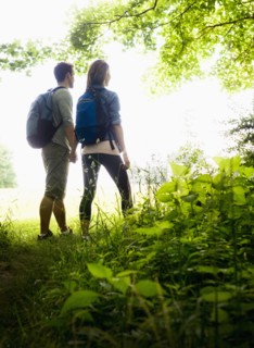 Couple hiking in forest. Photo : Tetra Images