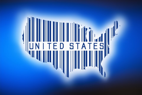 Outline of united states with barcode, studio shot.