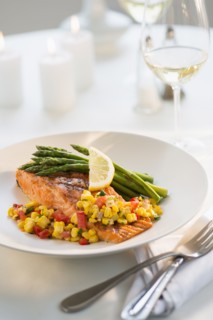 Seafood on plate in restaurant.