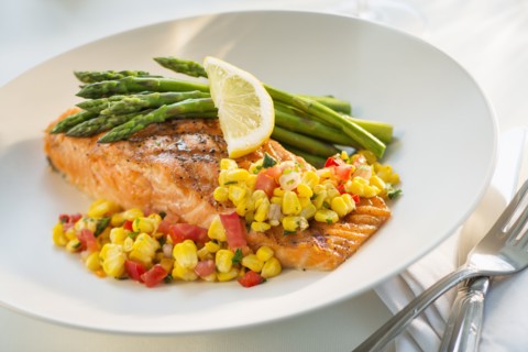 Seafood on plate in restaurant.