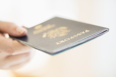 Close up of woman's hand holding passport.