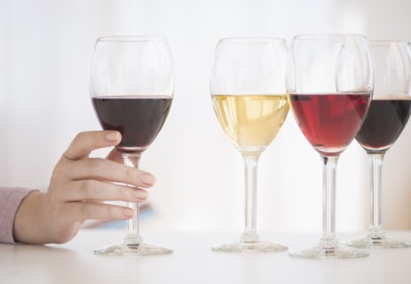 Glasses with red, rose and white wine.