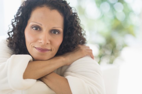 Portrait of woman wearing bath robe.