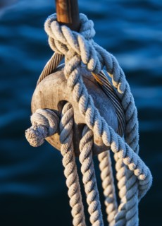 Close-up view of yacht ropes against rippled water. Photo : Daniel Grill