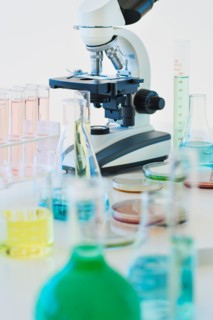 Beakers and microscope.