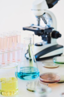 Beakers and microscope.