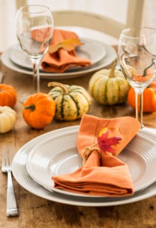Table setting with small pumpkins.