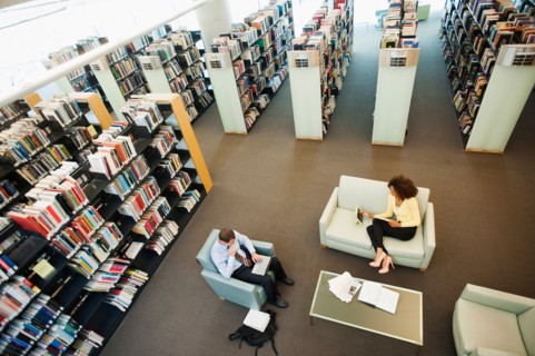 Elevated view of man and woman reading in library